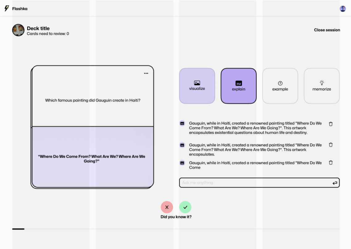 Flashka flashcard review UI mockup