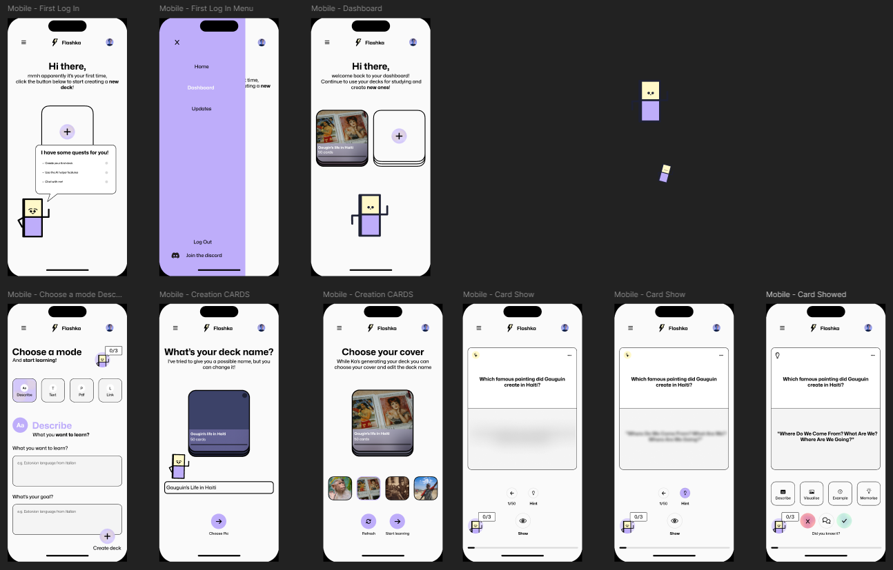 Flashka onboarding and deck-creation phone mockups