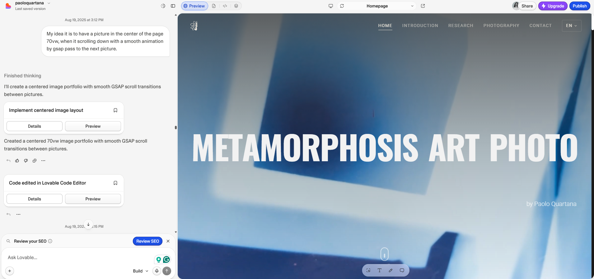 Photography site kinetic typography screenshot